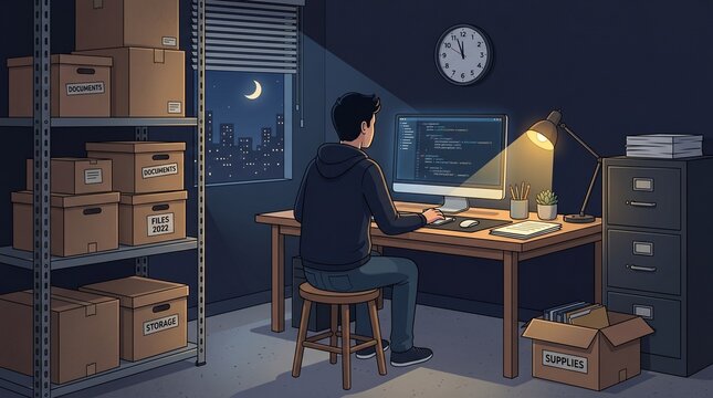 A dedicated programmer working late at night, coding on a computer in a dimly lit office filled with storage boxes and a city skyline view.