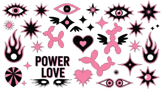 Collection of pink and black tattoo flash art designs including hearts eyes flames and balloons