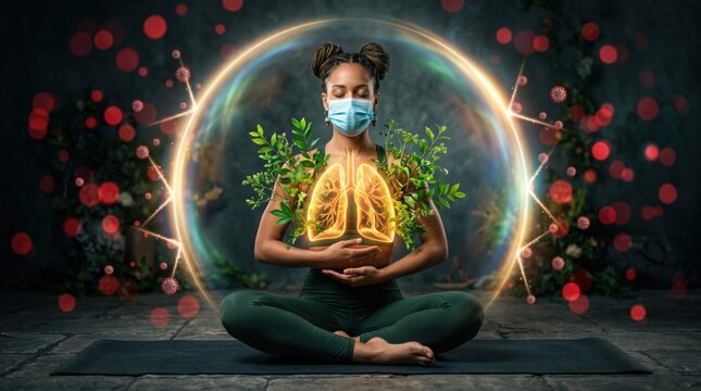 Meditation with glowing energy circle in dark forest setting for wellness and mindfulness