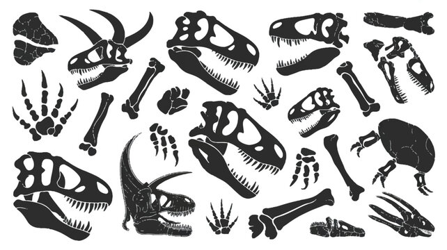 Collection of various dinosaur bones and fossils on white background