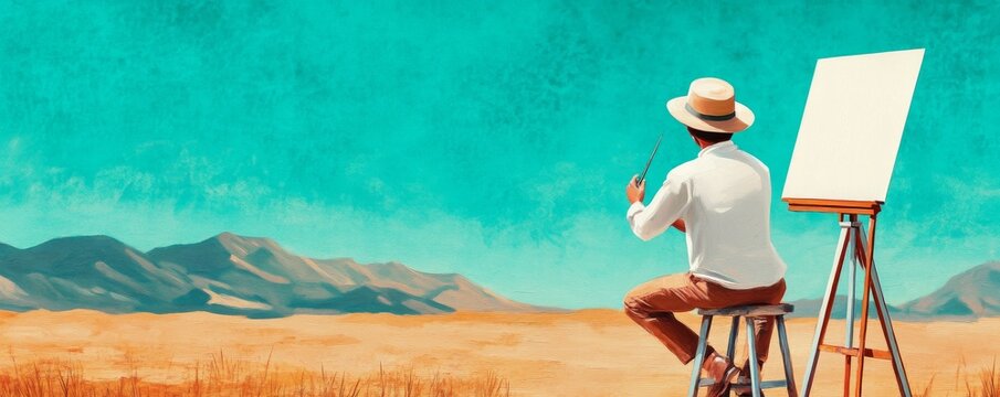 Artist's Contemplation Rear view of an artist in a straw hat, observing a vibrant turquoise desert and mountain vista before a blank canvas, oil painting style. Creative journey. En