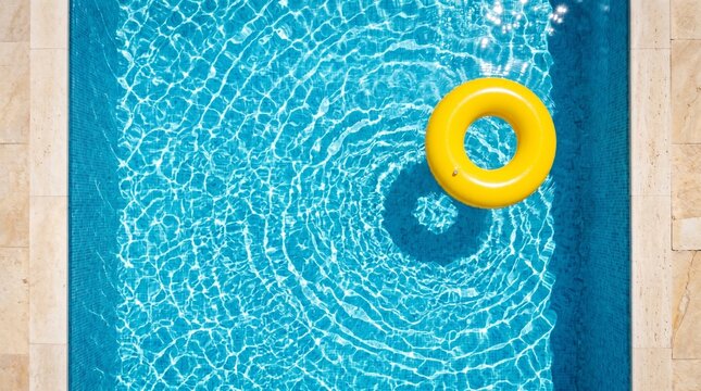 Top-down view of a bright yellow inflatable ring floating on crystal-clear blue swimming pool water with shimmering sun ripples.