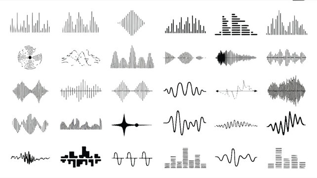Collection of various sound wave and audio signal graphics and icons
