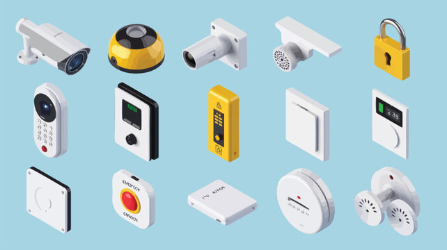 Isometric icons collection of smart home security and automation devices for modern buildings.