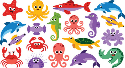 Collection of eighteen cute cartoon style sea creatures including dolphin octopus and starfish. © KhadizaAkter