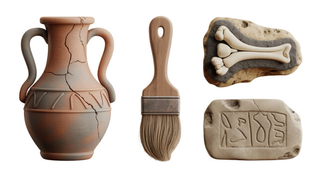 Collection of ancient pottery and clay tools displayed together Vector