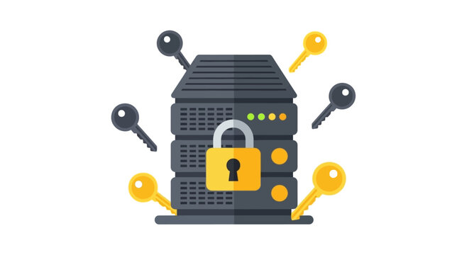 Secure Server Rack Illustration with Padlock and Keys for Cybersecurity and Data Protection