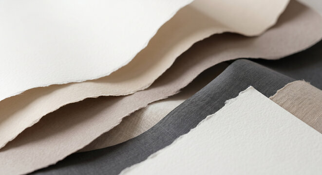 Abstract layers of torn handmade paper and natural linen fabric in neutral and charcoal tones