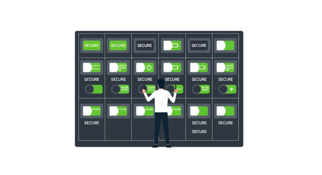 Cybersecurity Specialist Managing Secure Network Dashboard with Toggle Switches
