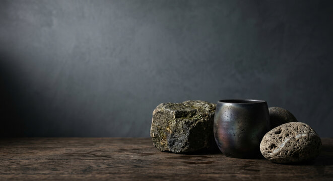 Dark moody still life with an artisan ceramic cup and natural stones on a rustic wooden table