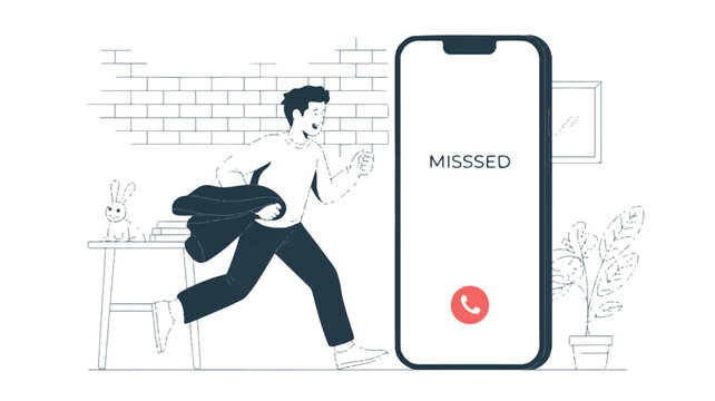 man running late for a missed phone call on smartphone screen