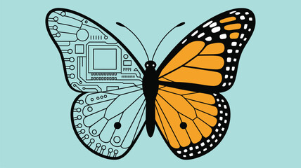Obraz premium Digital illustration of a Monarch butterfly with one half as a circuit board.