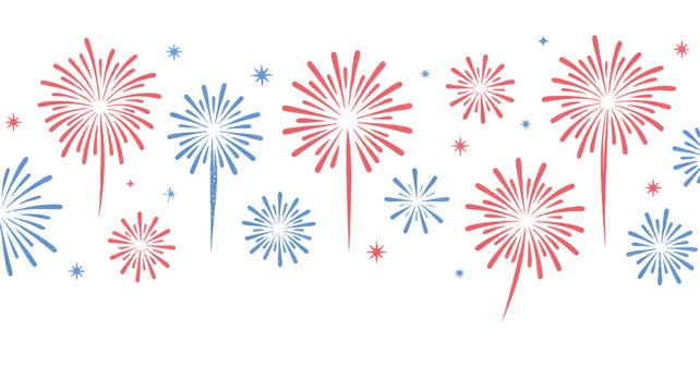 Red and blue firework explosions with stars on white background