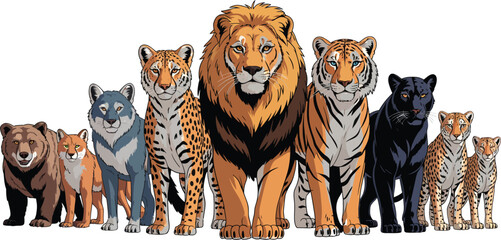 Diverse collection of wild predatory animals standing together in a lineup, digital illustration. © KhadizaAkter