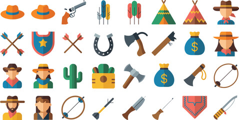 Flat design icons of Western cowboy elements, including hats, guns, teepees, and horseshoes. © KhadizaAkter
