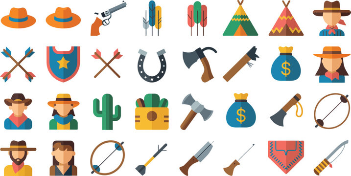 Flat design icons of Western cowboy elements, including hats, guns, teepees, and horseshoes.