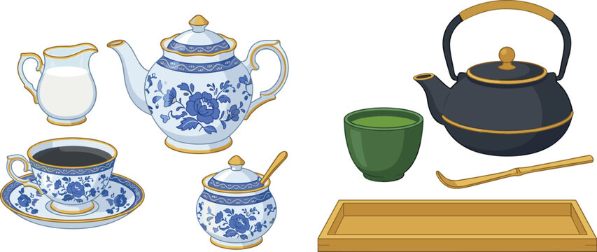 Traditional Tea Sets Vector Illustration Featuring Vintage Blue Floral Ceramic Teapot Cup Saucer Creamer Sugar Pot Japanese Cast Iron Kettle and Matcha Cup
