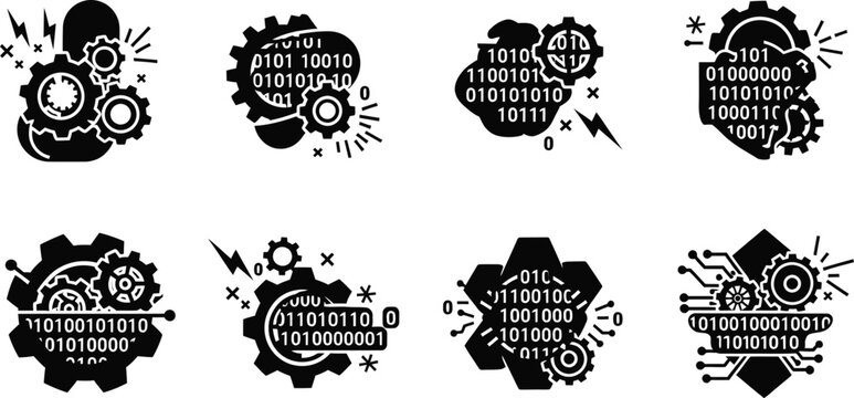 Cybersecurity gear icons set digital defense network security data protection and technological warfare visuals