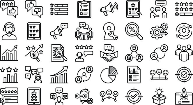 Business icon set vector graphics for marketing analytics communication and customer feedback line art