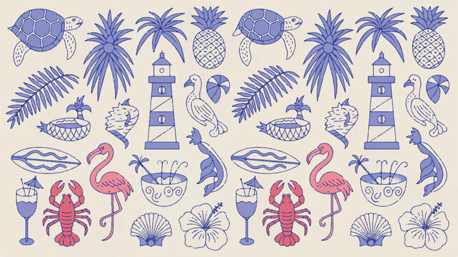 tropical beach icons and symbols in blue and pink colors on beige background