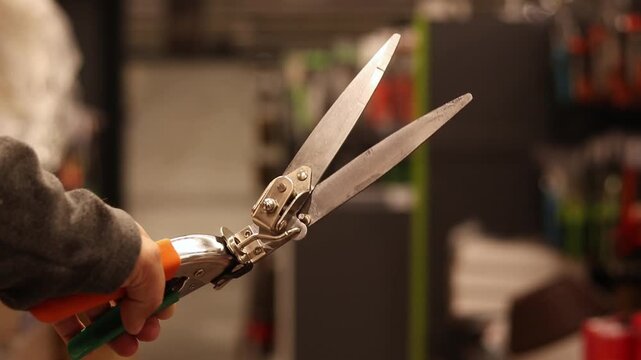 Hand holding professional garden pruner on blurred background of store. Selection of garden tools in a specialty store. Close-up of garden shears with metal blades and colored handles. Garden tool