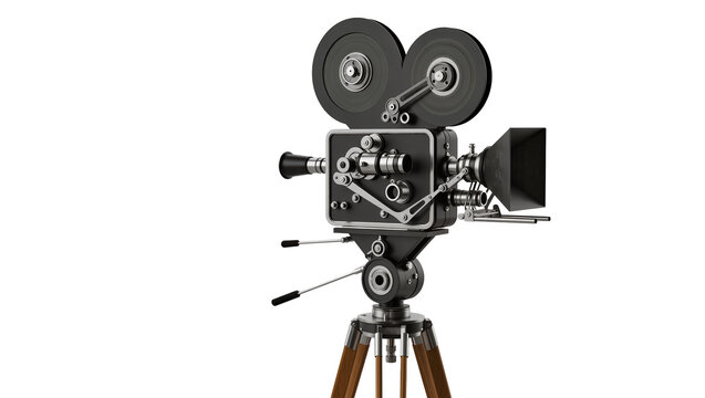 Vintage film camera with dual reels and tripod, isolated on transparent background