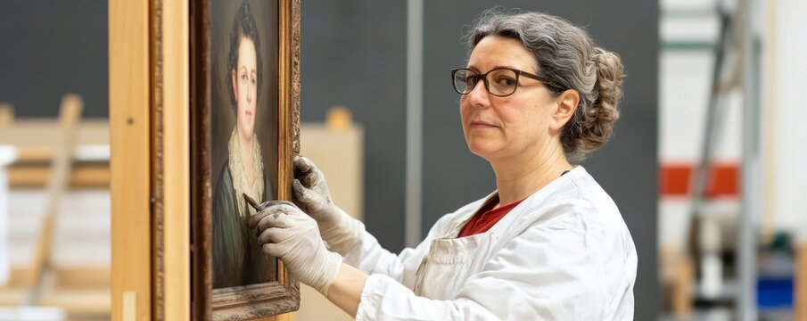 Expert art conservator in a lab coat and gloves, meticulously restoring a framed antique portrait of a woman, symbolizing delicate heritage preservation. Art Restoration, Conservation