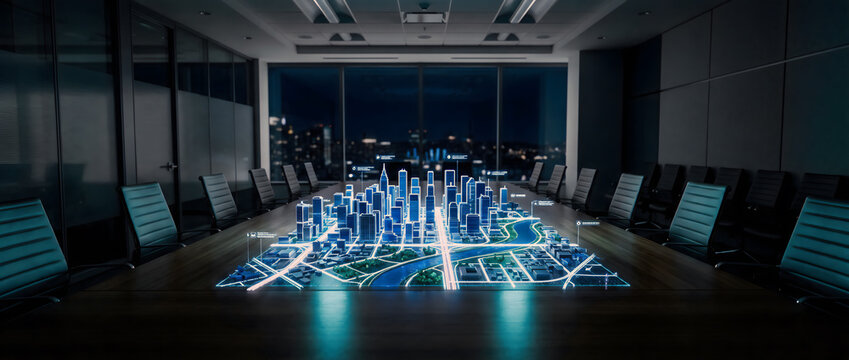 Futuristic glowing holographic 3D city map projected onto a conference table in an empty modern corporate boardroom at night.