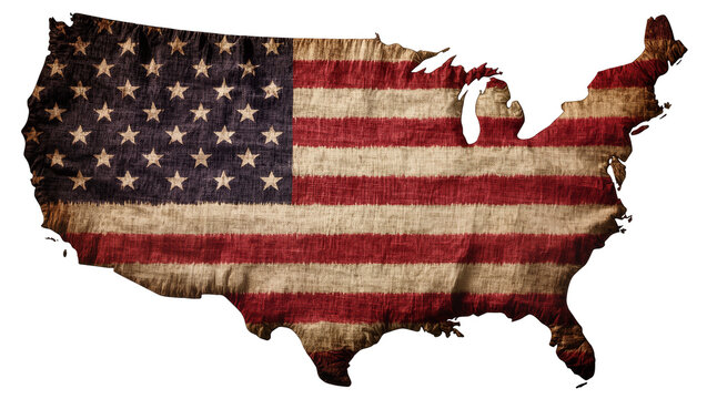 United States map outline with American flag texture, isolated on transparent background