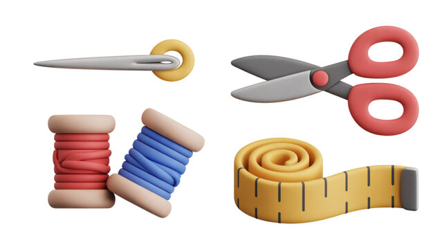 Assorted sewing tools including scissors, needle, thread, and thimble on a white surface Vector
