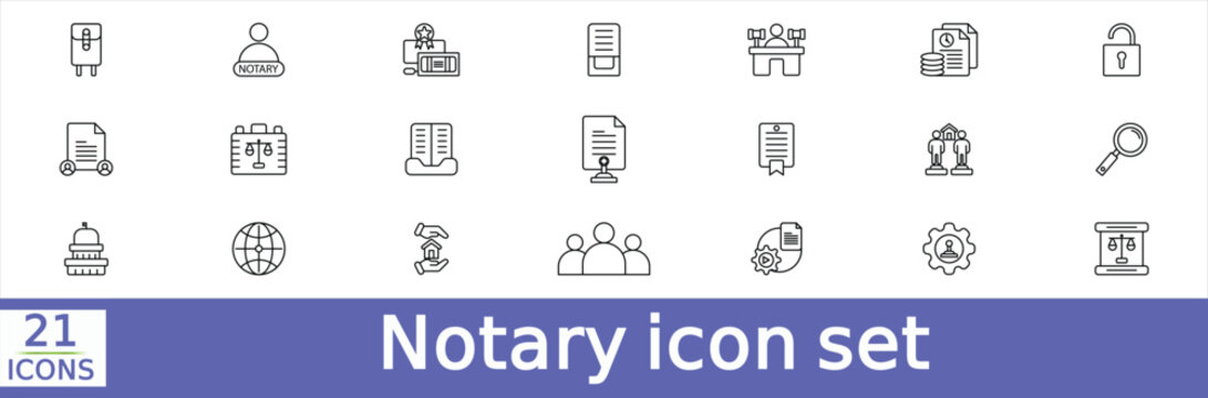 Notary icon set. Outline icon  setwith editable stroke. Thin linear vector illustration