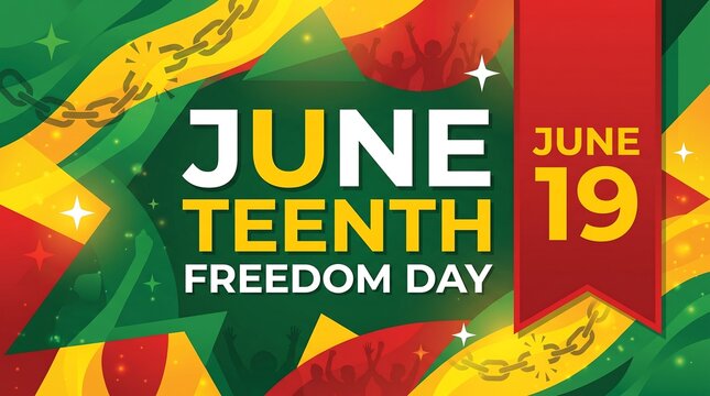 Juneteenth Freedom Day celebration banner, June 19 holiday background with broken chains, Pan-African colors and festive abstract geometric shapes