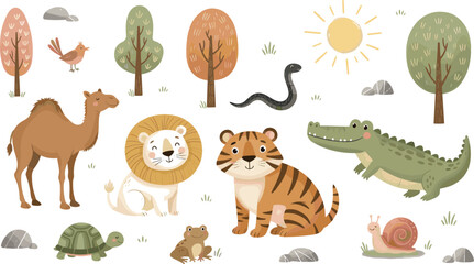 Obraz premium Cartoon animal and nature vector illustration with camel, lion, tiger, crocodile, turtle, frog, snail, snake, bird, and trees