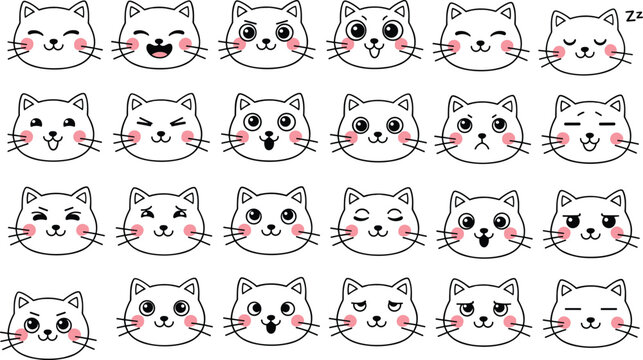 Cartoon cat face vector illustration set with twenty unique expressions including happy, sad, surprised, winking, and sleeping