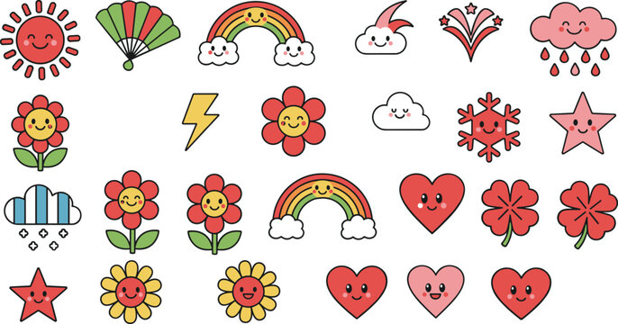 Cartoon icon vector illustration set with smiling sun, rainbow, clouds, flowers, hearts, stars, lightning, and snowflake