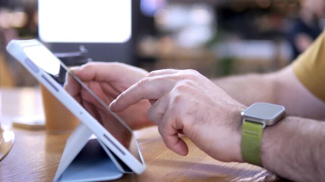 Close-up hands using tablet on wooden table. Wrist wears green band smartwatch. Focused interaction with digital device. Suitable for tech, business, or education themes