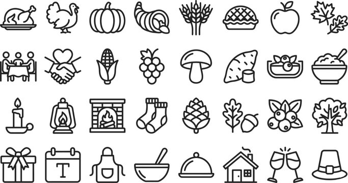 Thanksgiving icon set line art graphics for autumn holiday and festive design projects
