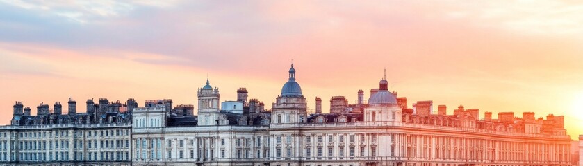 Fototapeta premium Ornate European Rooftops at Golden Hour Spires and chimneys silhouette against a radiant pink-orange sunset sky. Historic urban dreamscape. Paris, Architecture