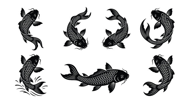 Eight koi fish silhouettes on white background
