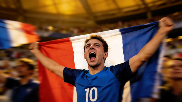 French soccer supporter celebrating unforgettable sporting moment with national flag