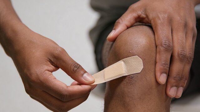 Closeup of person applying adhesive bandage to scraped knee after minor injury healthcare treatment first aid wound care healing process skin protection recovery concept human hands placing medical pl