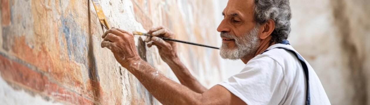 Profile shot Bearded artist's hands meticulously restore ancient fresco on a textured wall, a timeless act of dedication to art preservation and cultural heritage. ,Fresco,Craftsman