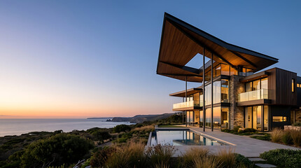 Fototapeta premium Modern luxury house overlooking the ocean at sunset