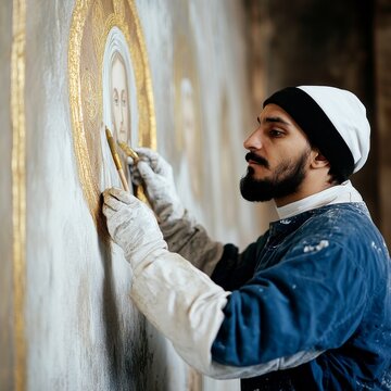 Side-profile shot of a gloved artisan in a beanie and blue smock, carefully applying gold leaf to a sacred icon, illustrating art restoration and spiritual dedication. Iconography,