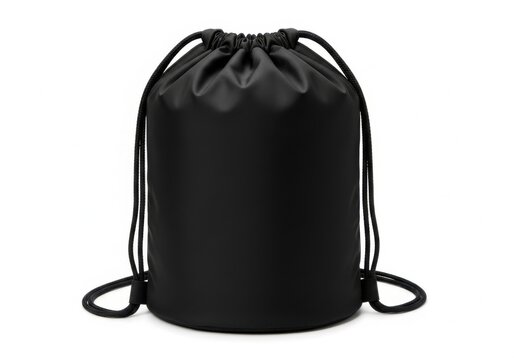 Black drawstring backpack pouch standing upright isolated on white background