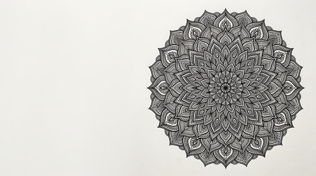 Intricate hand drawn circular black ink mandala on white background