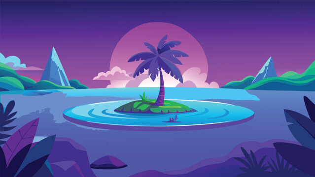 Pixel art tropical island with a palm tree in the ocean under a purple sunset sky Vector
