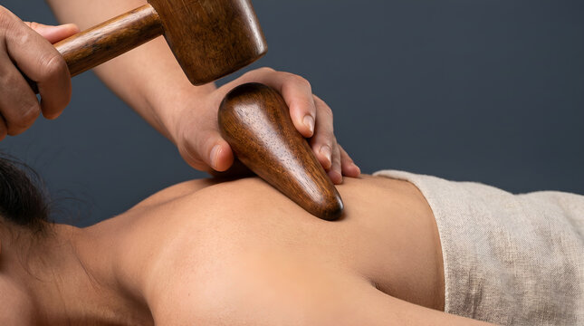 Therapist hand using wooden hammer and peg for lanna tok sen massage on patient back