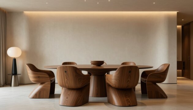 Elegant dining experience modern home interior design cozy atmosphere wide angle minimalist aesthetic
