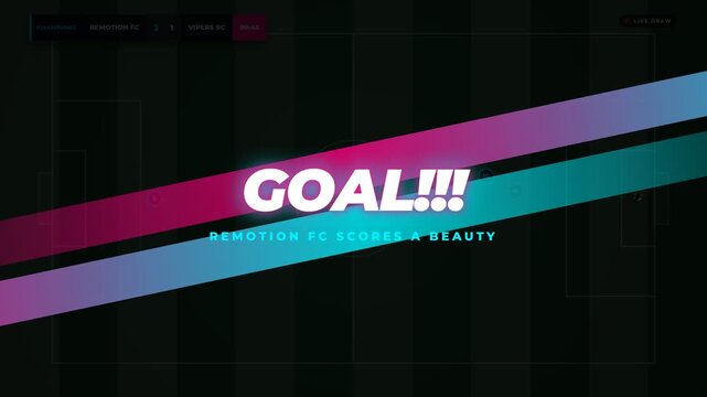 Top-down 2D digital football match simulation showing player positions, ball movement, and a live scoreboard on a green pitch.